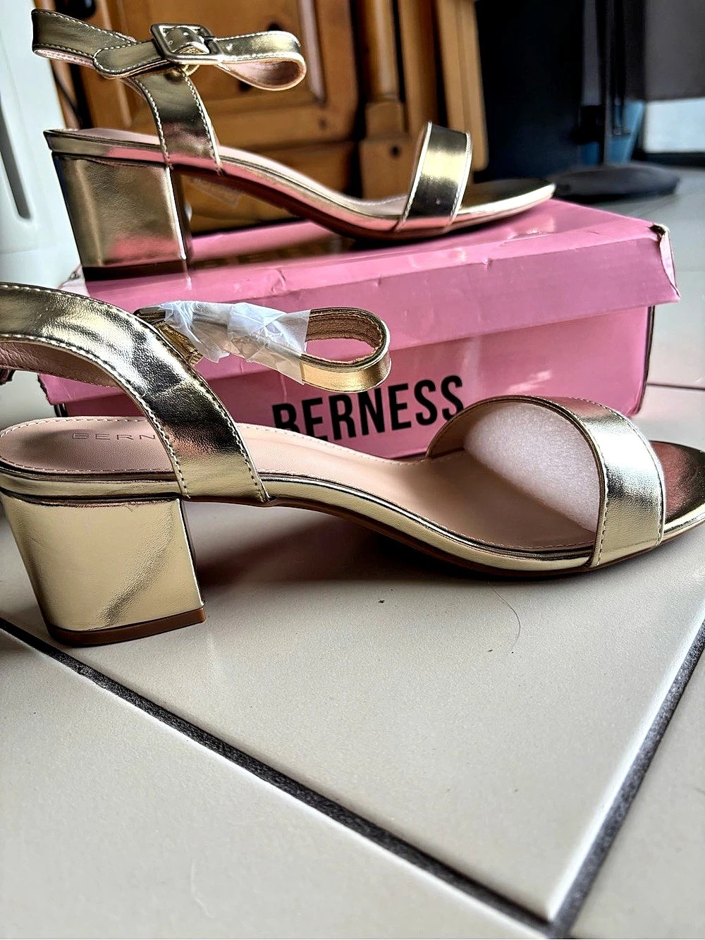 BERNESS Elisha Classic Strap Block Heel Dress Sandals Gold Block Heel Sandals US